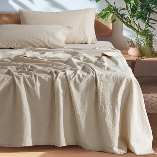 SONORO KATE 100% French Pure Linen Queen Size Sheets, Breathable and Durable Linen Bed Sheets, Anti-Tear, Machine Washable, 16 Inch Deep Pocket - 4 Piece (Natural Linen)