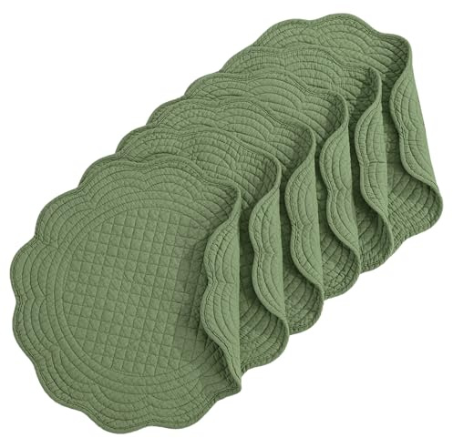 HOMBYS Quilted Placemats Set of 6 Washable Round Placemats for Kitchen Table-100% Cotton Fabric 14 Inch Round Table Mats, Cotton Fabric with Microfiber Filling (14x14, Emerald Green)