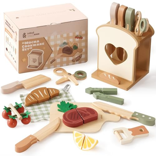ROBUD Spielküche Kindermesser Set für Kinder – Kinderküche Zubehör, Schneiden Spiel Lebensmittel Holz mit Toastförmigem Messerhalter, Rollenspiel Küchen Spielzeug Geschenke für Kinder