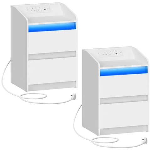 Hzuaneri Bedside Table Set of 2, Charging Station & LED Lights, White | Bedside Cabinet with 2 Drawers, Nightstand with USB Ports & Power Outlet for Living Room and Bedroom, NS30103XUK