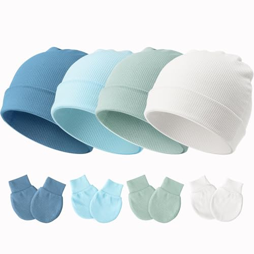DRESHOW Bonnets de Naissance et Moufles de Protection Bébé Gants Bonnet Nouveau-né Bambin Doux Mignon Tricoté Chapeau 0-3 Mois, Taille Unique