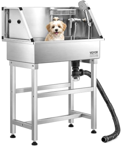 VEVOR 86.4 cm Stainless Steel Dog Washing Station, Pet Grooming Tub with Hot & Cold Faucet, Showerhead, Storage Rack, No-Bend All-in-One Bathtub, Home Wash Sink, Fits Small Cats and Dogs
