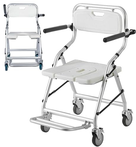 Sedia da Doccia per Anziani con Rotelle, Sedia WC Doccia con Rotelle Pieghevole, Sgabello Bagno Doccia, Massimo Carico 120 kg, Piastra del Sedile Staccabile a Forma di U