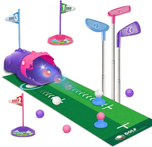 TERRAMUS Kids Toy Golf Set with Dinosaur Automatic Golf Returner, Led Light Up Night Golf Balls, 3 Clubs, Putting Mat, 3-8 Toddler Mini Golf Games, Indoor Outdoor Sports Toys for Boys Girls (Pink)
