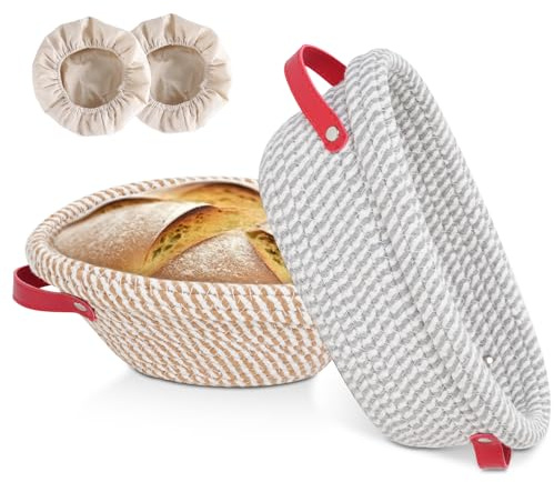 Banneton Sourdough Bread Proofing Baskets, 10 inch Oval + 9 inch Round with Liner & Cover, Cotton Rope Proofing Baskets for Sour Dough Bread Baking, Artisan Bread Making, Gifts for Women,Bakers