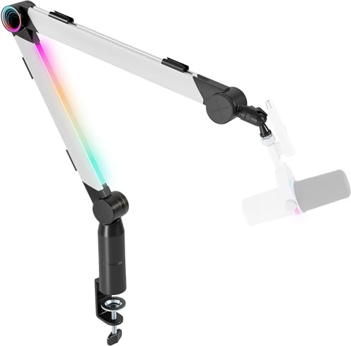 ARES WING Aluminum Microphone Boom Arm with RGB Light and Volume Control, Adjustable Mic Arm Desk Mount with 3/8” to 5/8” Screw Adapter, Suspension Scissor Mic Stand for Gaming Streaming Podcasting
