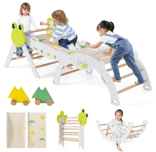 COSTWAY Klätterställning inomhus Set, 7-i-1 Hopfällbar Klättertriangel med Rutschkana, Klätterbåge, Dubbelramp, Byggstensset, Leksaksbilar, Groda, Ribbstång i Trä för Barn från 1 År