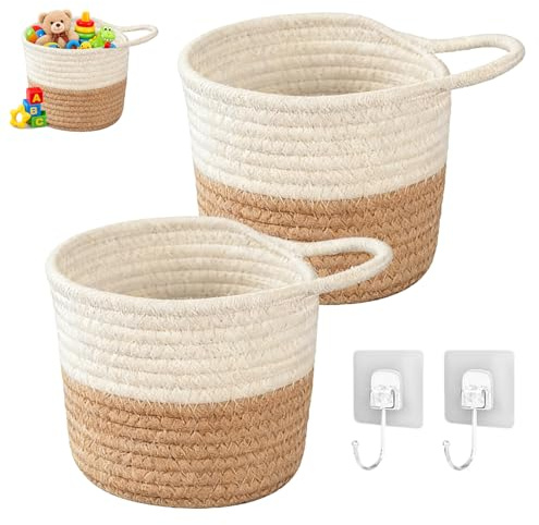 2 cestas colgantes de 15 x 15 cm, cestas de pared de algodón trenzadas con asa, pequeñas cestas de almacenamiento tejidas, para plantas, macetas, decoración y almacenamiento en la cocina, baño