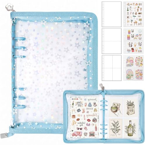 PUYUKO Álbum Pegatinas A5, Organizador 360 Bolsillos, Carpeta 6 Anillas con Cremallera y Estrellas Brillantes, Porta Fotos y Postales Kpop, Libro Colección y Exhibición de Pegatinas (Azul)