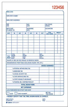 Adams Payroll Record Book, 2-Part Carbonless, White/Canary, 4-3/16 x 7-3/16 Inches, 50 Sets (D4740)