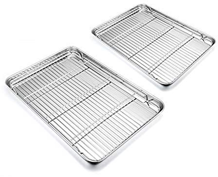 HaWare Lot de 4 plaques de cuisson rectangulaires en acier inoxydable pour cuissonrefroidissement, 2 plaques à gâteau + 2 grilles de grillage Sain et non toxique, facile à nettoyer et passe au