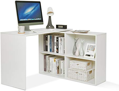 Mondeer L Shaped Desk, 360° Rotating Direction 106 x 106 x 75 cm Corner Desk, White Computer Workstation for Gaming Study Home Office Living Room