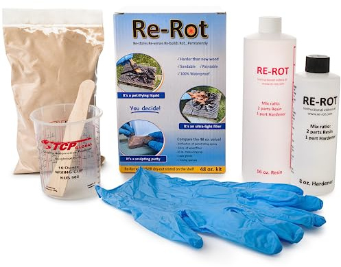 Re-Rot 48 Volume oz Kit - 24 oz 2 Component Liquid/24 oz Filler - Repairs Rot Quickly & Easily, Restores Strength, Rebuilds Missing Wood - Rapid Drying - Sandable/Paintable - 3 Products in 1