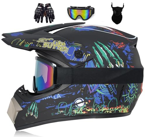 MtQcBdHy Motocross Helmet Kids, Children Motorbike Helmet, Full Face MTB Adults Motorcycle Motocross Dirt Bike Helmet, Youth ATV Off Road Crash Helmets Mens BMX Helmet With Goggles Gloves Mask