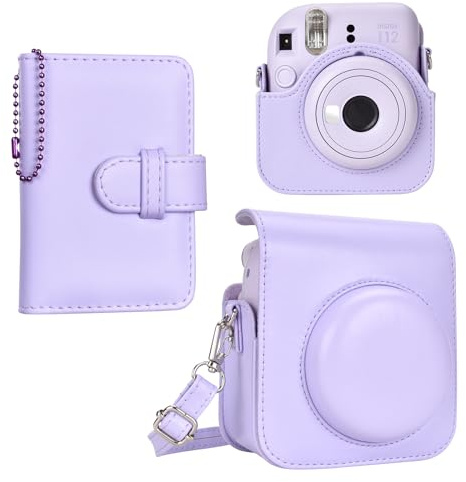 HIYQIN Housse pour Instax Mini 12, Étui pour Appareil Photo en Cuir PU de qualité supérieure avec bandoulière et Mini Album Photo pour Films instantanés de 3 Pouces (Violet Pur)