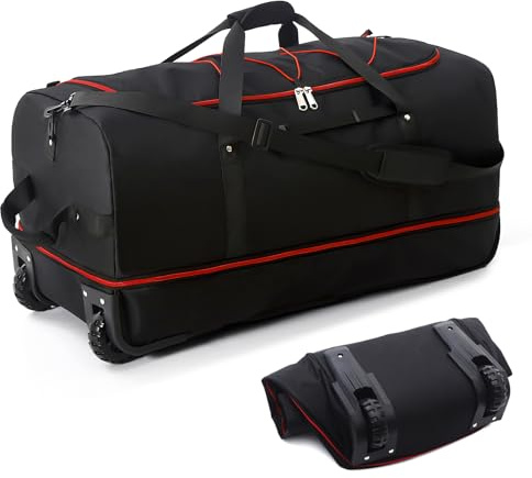 Bagenerous Faltbare Reisetasche mit 2 Rollen, 81,3 cm, 110 l, 140 l, erweiterbare Reisetasche mit mehreren Fächern, schwarz/rot, 31.5L x 14.2W x 19.7H