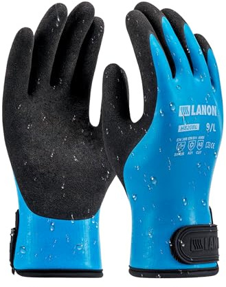 LANON Gants de Travail Hiver pour Hommes et Femmes, Double Revêtement en Caoutchouc, Thermiques, Imperméables, Antidérapants, Bleu, Taille L
