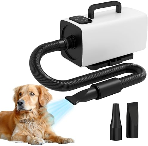 PawHut Dog Hair Dryer with One-Click Auto Adjustable Airflow and Temperature, 2200W Pet Grooming Hair Dryer with 3 Nozzles, Digital Screen, Pet Air Blower Blaster Dryer for Dogs Cats, White