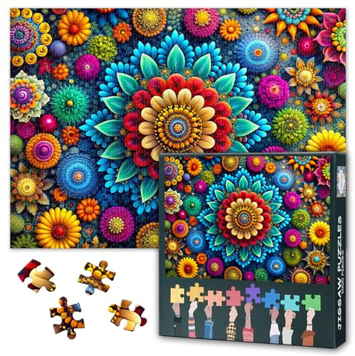 Puzzle Mandala - 1000 pièces - Design floral abstrait - 50 x 70 cm - Puzzle de qualité supérieure - Couleurs intenses - Pour la méditation et l'art mural