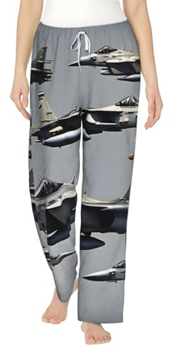 FMASWEQ Pyjama de Noël imprimé avions de chasse pour femme, pantalon de pyjama en polaire douce, parfait pour se détendre, Noir , XL