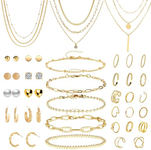 JSTHHTT Joyas de Mujer - Set de 40 Piezas: Brazalete Dorado, Cadena y Collar Oro, Gargantilla y Choker Dorado, Bisutería, Joyería y Colgante para Mujeres, Oro