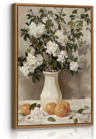 Vintage blommor och citroner målning väggdekoration med ram, stilleben på gården canvastryck blommig estetisk botanisk affisch målning heminredning för vardagsrum sovrum 30x40 cm