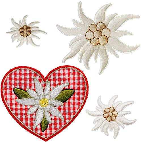 alles-meine.de GmbH 4 TLG. Set Bügelbilder - Alpen - Edelweiß - Blume + Herz - 7,2 cm * 6 cm - Aufnäher/Applikation/Aufbügler - gestickter Flicken - Bügelflicken/Hosenfli..