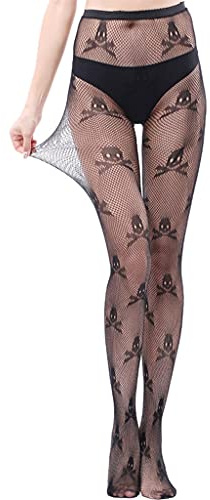 Ixkbiced Medias de malla de cintura alta para mujer, medias elásticas negras, calavera, estampado de corazón, medias de red sexy, medias con patrón transparente