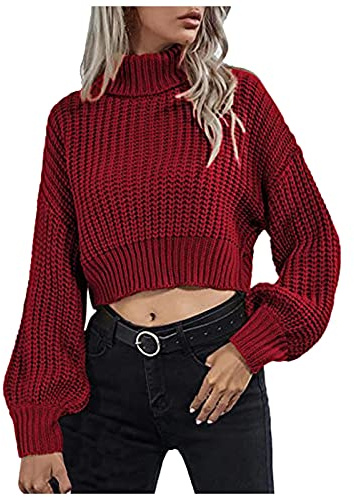 IQYU Tröja magfri tonåring flickor – dam oversize Y2k tröja vintage grovstickad tröja sexig elegant polotröja långärmad tröja dam vintertröja ulltröja stickad tröja, röd, XXL