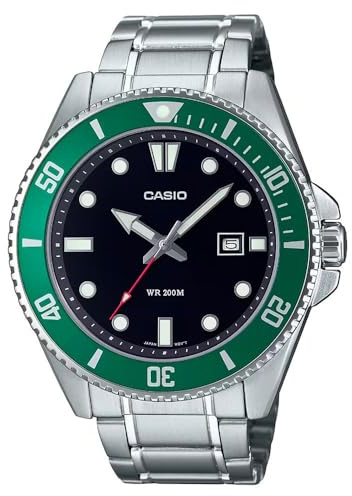 Casio MDV107D-3AV Montre de plongée pour Homme en Acier Inoxydable 200 m avec Lunette Verte, Cadran Noir, 3 Aiguilles, Noir, Sports, Noir, Sports