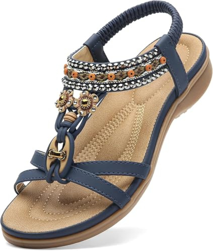 Littleplum Womens Sandals Arch Support Bohemian T-Strap Flower Rhinestone Sandals Women's Non Slip Summer Beach Flat Sandals Blue Size 8