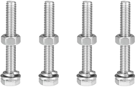 sourcing map M6 x 45mm Hex Head Screws Bolts, Nuts, Flat & Lock Washers Kits, 304 Stainless Steel Fully Thread Hexagon Bolts 4 Sets