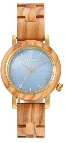 woodwear Damenarmbanduhr aus Olivenholz mit blauem Perlmutt-Zifferblatt Armbanduhr Holzuhr Sky Blue Edition japanischem Marken Quarzwerk (Sky Blue)