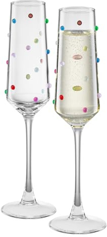Khen Confetti Champagne Flutes Set of 2, 6.59oz Colorful Clear Glass Stemmed Goblets for Sparkling Wine and Beverages, Elegant Handmade Drinkware Weddings Parties Celebrations Housewarming Gifts
