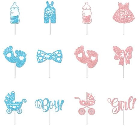 12 stycken tårtdekoration babyparty | cupcake-toppare pojkar/flickor glitter blå och rosa | för kön: reveal, babyshower, födelsedag