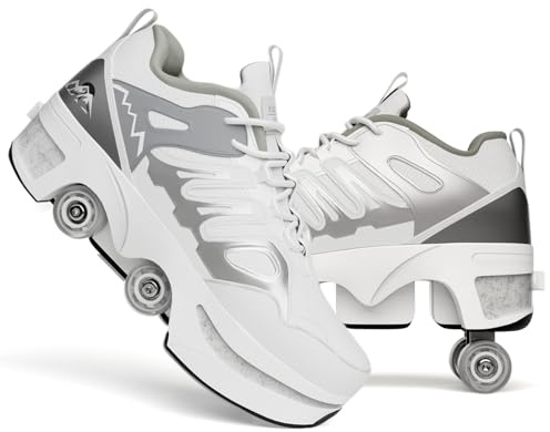 Chaussures à roulettes Escamotables 4 Roues pour Enfants - Basket Roller Garçon Fille (33-40) - Patins à roulettes Cachés, Skate Sneaker Enfant, white-35