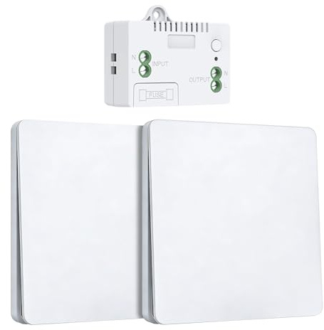 Funk Lichtschalter 230V Set mit Empfänger und Sender,Batterieloser Drahtloser Funk-Wandschalter für Lichter,Kabelloser Lichttaster funkschalter fernbedienung(EU 2Gang 1V2 A)