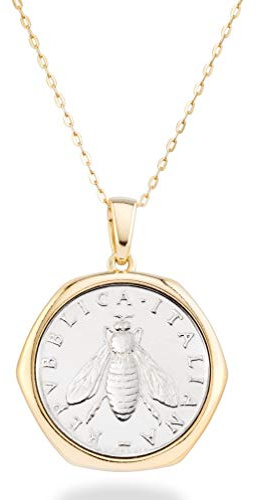 Miabella Italian 18K Gold Plated 925 Sterling Silver Genuine 2-Lira Bee Coin Medallion Pendant Necklace for Women 18 Inch Chain, Made in Italy