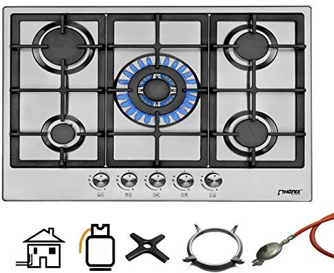 Phönix PS-701T - Cocina de gas empotrable (acero inoxidable, 70 cm, 5 llamas, autosuficiente (independiente o empotrable)