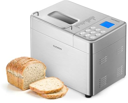 CUCKOO Bread Maker Machine with 15 Menu Options + 3 Crust Colors, 2 lbs Bread Machine with Automatic Fruit & Nut Dispenser, Includes 6 Accessories, Ideal Breadmaker for Sourdough (CBM-AAB101S)