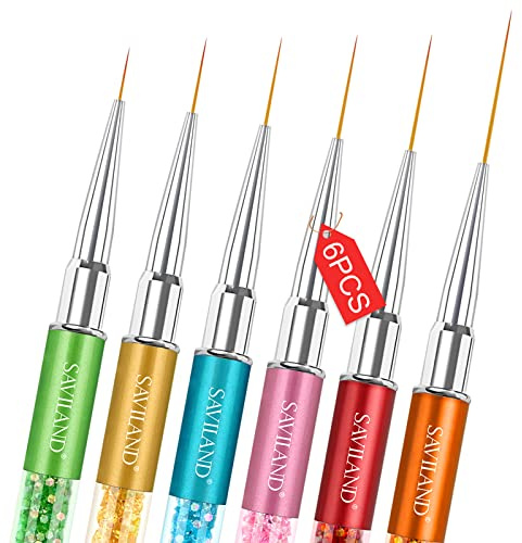 Saviland 6Pcs Nail Art Liner Brushes, Crushed Diamond Rhinestone Handle, Fine Tip for Gel Polish Painting, Pulling Lines & Nail Design