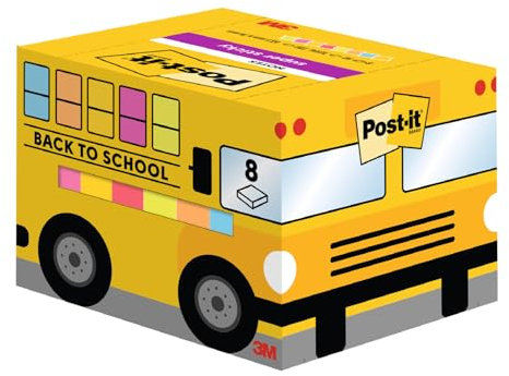 Post-it Back to School Bus mit Super Sticky Notes, Großpackung zum Schulanfang, 8 Blöcke, 90 Blatt pro Block, 63,5 mm x 76 mm - Haftnotizen in verschiedenen Farben, Schulgeschenke, für Schüler, Lehrer