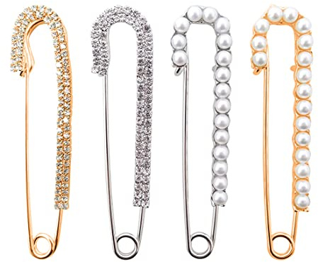 PLABBDPL 4 Piezas de Imperdibles Broches de Mujeres Clips de Chal Suéter de Cristal y Perla, 2 Estilos