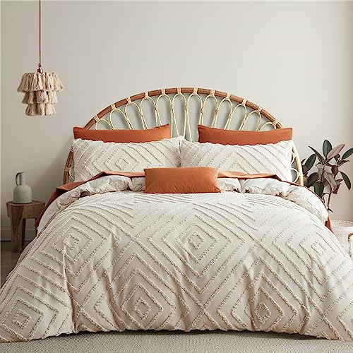 Tospass Housse de Couette Tuftée 140x200cm 1 Personne Adulte Rayée Broderie Beige Parure de Lit Bohème Style Linge de lit Géométrique Réversible avec Fermeture Éclair avec 1 Taies d'oreiller 65x65cm