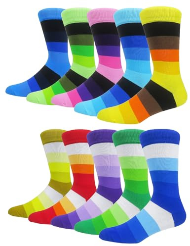 HIWEAR Mens Socks- Colorful Funky Novelty Design Rich Cotton,Men's Comfort Dress Calf Socks Multipack (UK, Alpha, One Size, Regular, Regular, Rainbow socks -10P)
