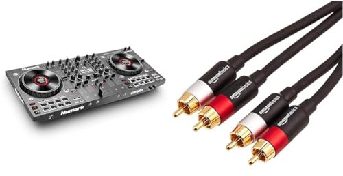 Numark NS4FX - Controladora DJ de 4 canales, jog wheels táctiles con pantallas, pads y efectos & Amazon Basics - Cable de audio RCA (2 machos a 2 machos), 2.4 metros, Negro, Oro, Rojo, Blanco