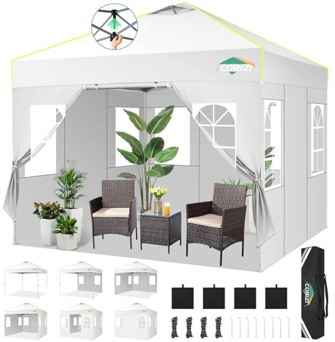 COBIZI Carpa Plegable 3x3 con Bloqueo Central de Un Solo Botón, Bandas Fluorescentes, Ventilación, 4 Paredes Laterales y 3 Alturas Ajustables para Camping y Playa, Pabellón