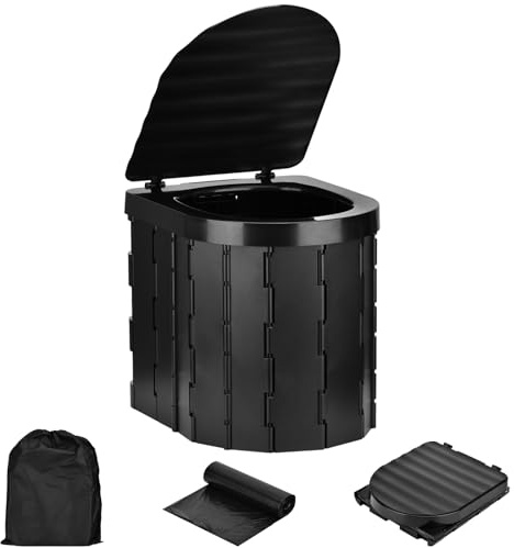 Toilettes Portables Pliables Pour Camping - Accessoires d'Extérieur Autopropulsés Avec Couvercle Noir Intégré + Sac de Rangement + 20 Sacs de Nettoyage