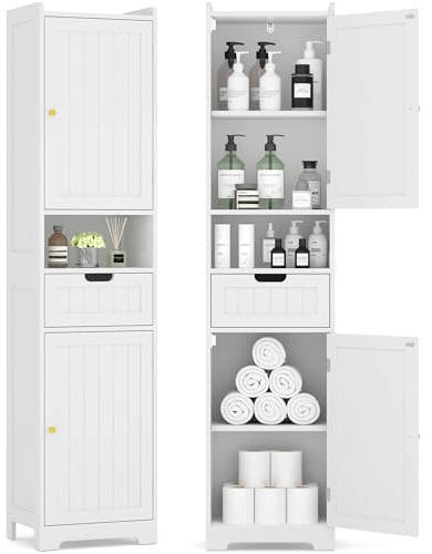 TidyHaven 67” Tall Bathroom Storage Cabinet, Slim Narrow Organizer with Adjustable Shelves, 2 Doors & 1 Drawer, Freestanding Floor Cabinet for Small Spaces, Kitchen, Living Room, White