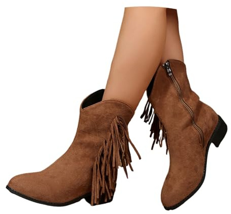 Stivaletti Da Donna Taglie Forti Stivali Da Cowboy Western A Punta Boots Vintage Con Frange Stivaletti Comodi Con Tacco A Blocco Scarpe Alla Caviglia In Pelle Scamosciata For Autunno(Brown,41 EU)